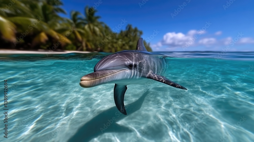 Fototapeta premium Dolphin in crystal-clear tropical water, near a pristine beach