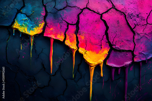 Cracked dry earth with neon paint dripping into the cracks, dystopian meets nature