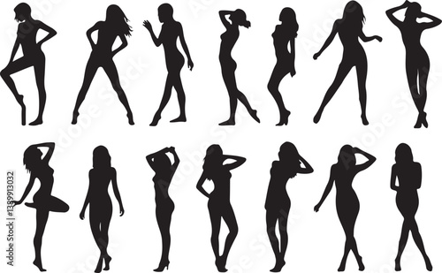 Sexy woman various poses silhouettes set. Shape of beautiful girls posing and dancing vector.
