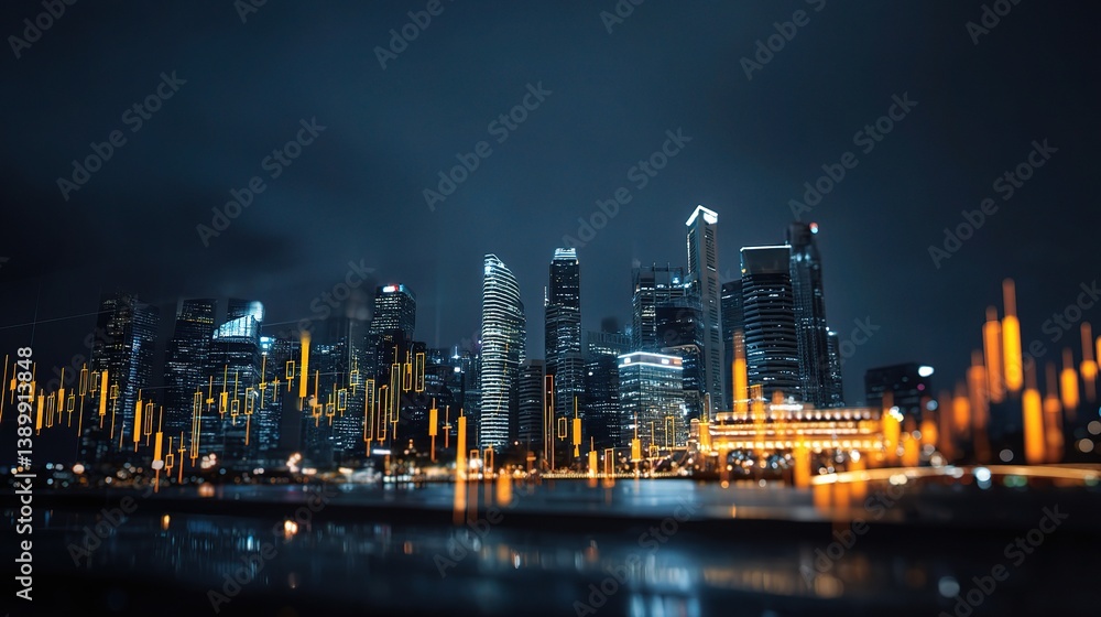 Obraz premium Nighttime Trading Graph Overlay on Singapore Cityscape
