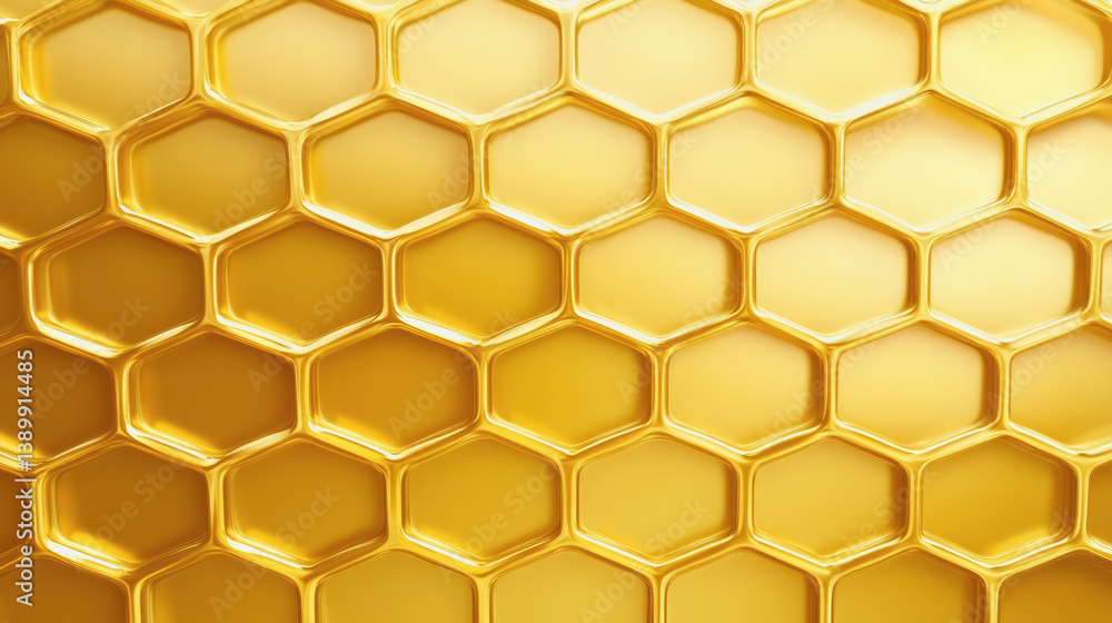 Detailed view of a honeycomb pattern with honey dripping from hexagonal cells creating a rich, textured appearance