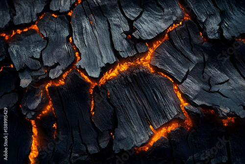 Charred wood texture glowing faintly, abstract close-up, deep blacks and glowing orange cracks, modern aesthetic