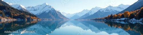 A tranquil alpine lake with snow-capped peaks reflected perfectly in its mirror-like surface, alpine scenery, alpine lakes, serenity