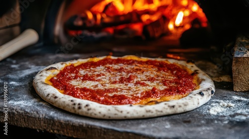 A fresh, rustic pizza with sourdough dough topped with rich tomato sauce, ready to go into the wood-fired oven, surrounded by the tools of traditional Italian pizza-making.