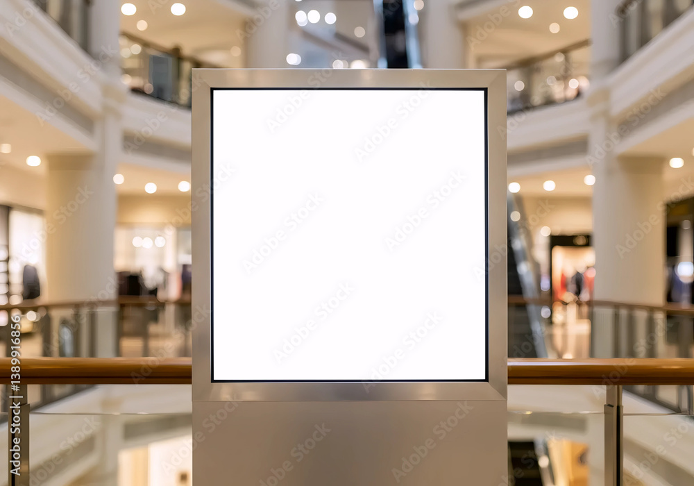 Blank Vertical Advertising Display Mockup in Modern Shopping Mall Blank Vertical Advertising Display Mockup in Modern Shopping Mall