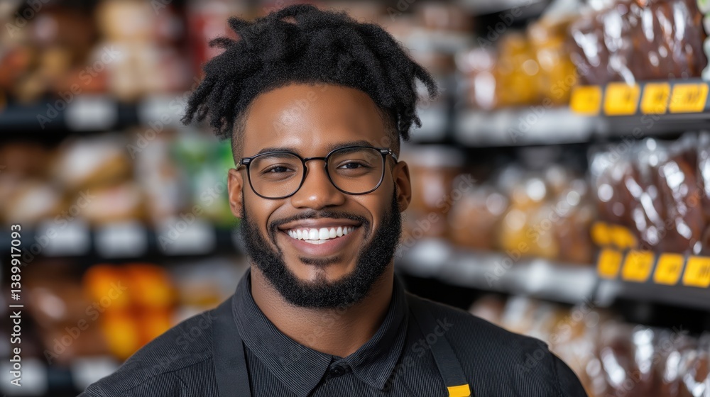 Retail worker in uniform ready to assist customers in grocery store setting with friendly smile and professional demeanor Retail worker in uniform ready to assist customers in grocery store setting with friendly smile and professional demeanor