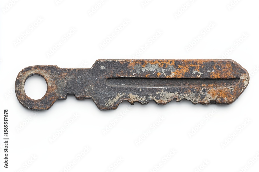 Rusty old key isolated on white background showing age texture and detail Rusty old key isolated on white background showing age texture and detail