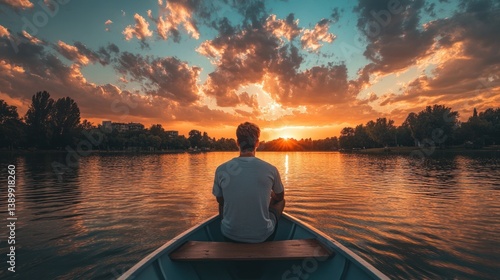 Serene Sunset Lake Rowing: A Man's Peaceful Journey