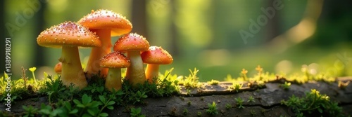 Common bonnet mushrooms on a fallen tree trunk in the sun, trees, fungi