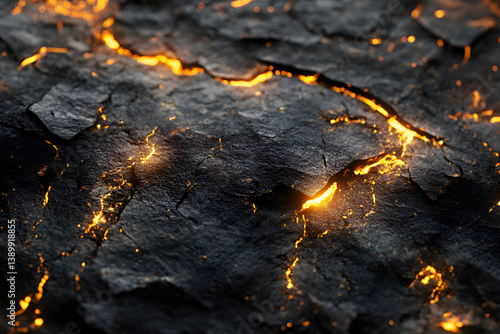Ashy surface with golden embers underneath, abstract and glowing, futuristic yet organic