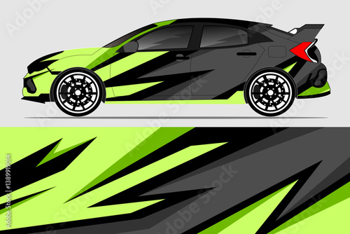 Vibrant Green and Black Sports Car with Dynamic Graphic Design on a Neutral Background