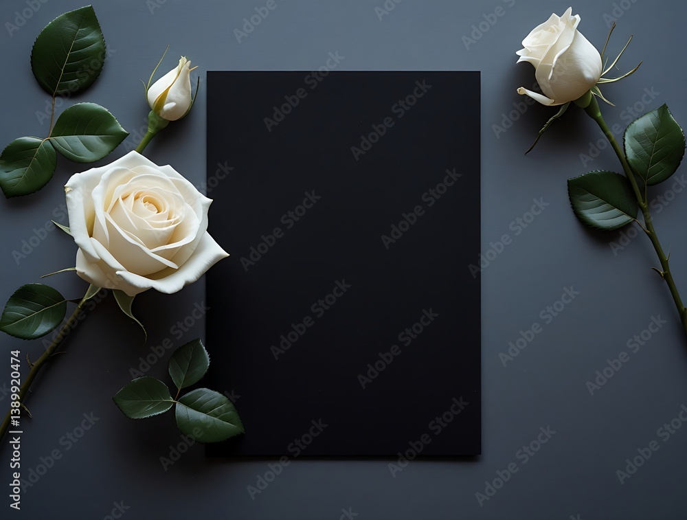 empty condolence card, sympathy card, memorial card, greeting card with fresh roses surrounding the paper . Empty place for a text.