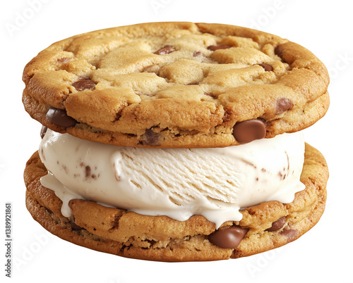 delicious round cookie sandwich with creamy vanilla ice cream between two chocolate chip cookies, creating sweet and indulgent treat