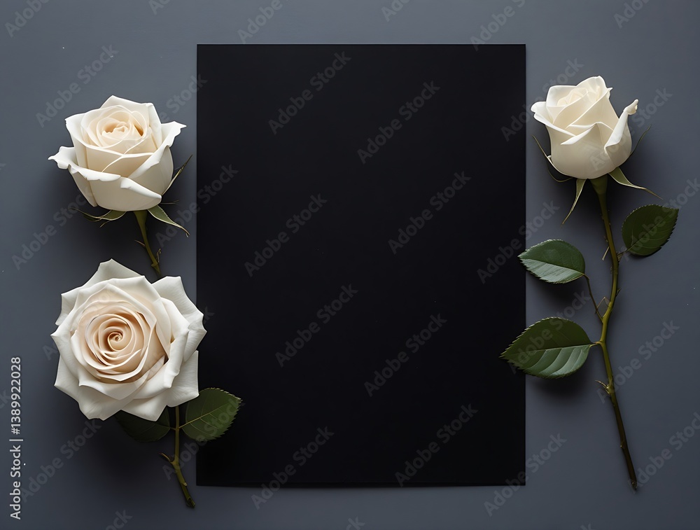 empty condolence card, sympathy card, memorial card, greeting card with fresh roses surrounding the paper . Empty place for a text.