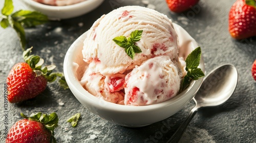 A fresh scoop of strawberry ice cream with visible strawberry chunks, resting on a plain background, highlighting the smooth texture and natural pink hue.