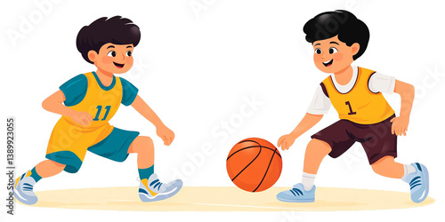 Illustration Of Basketball Players In Action With Orange Ball And Uniforms
