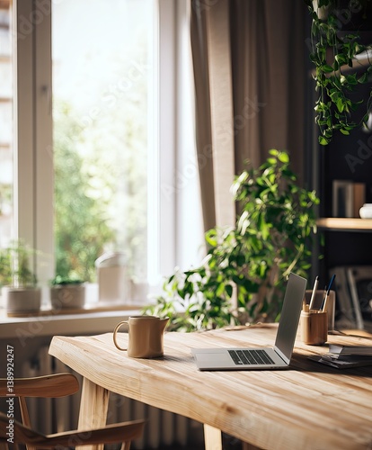Wallpaper Mural home office with natural light, minimalistic Scandinavian interior, wooden desk, open laptop, coffee mug Torontodigital.ca