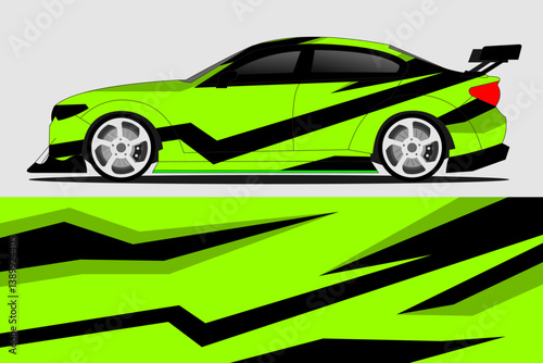 Vibrant green sports car with dynamic black stripes showcased against a minimalist background