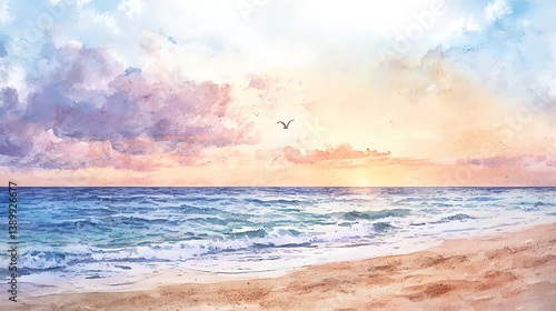 A painting of a beach with a bird flying over the ocean