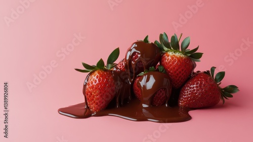A group of strawberries dipped in rich chocolate sauce, arranged on a clean, solid background that enhances the glossy chocolate coating and vibrant fruit.