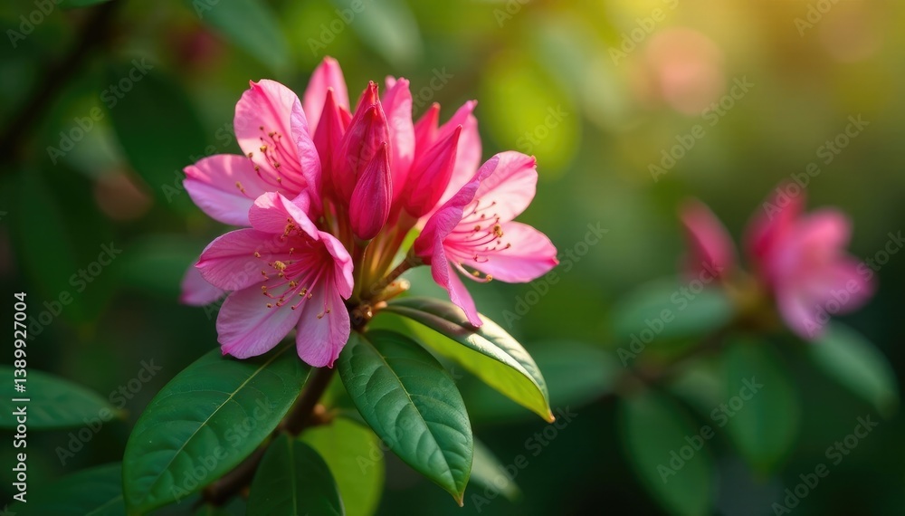 Green foliage and blooming stems of Rhododendron Ledebour, blossom, stem Green foliage and blooming stems of Rhododendron Ledebour, blossom, stem