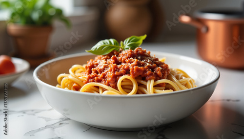 Pappardelle with ragu on marble countertop at twilight, rustic comfort
