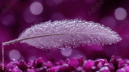 Delicate feather, covered in water droplets, on a purple background