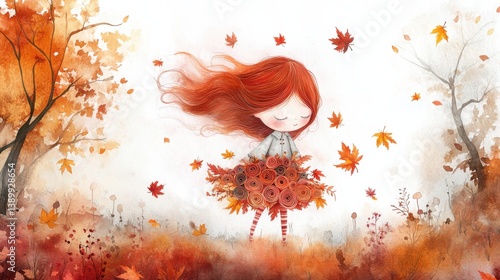 A charming stock image featuring a whimsical illustration of a girl surrounded by autumn leaves. The image conveys a sense of seasonal beauty, childhood wonder, and the magic of autumn,