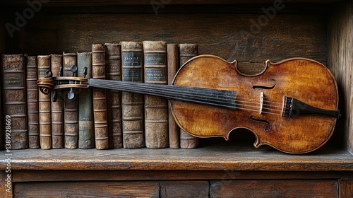 A weathered wooden shelf holds old books and a beautiful old stringed instrument.