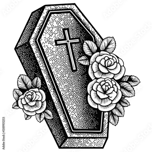 Coffin with Roses Tattoo Vector