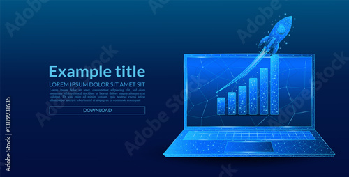 Growth chart with a digital rocket on a laptop screen against a low-poly blue technological background. Financial and business analysis concept