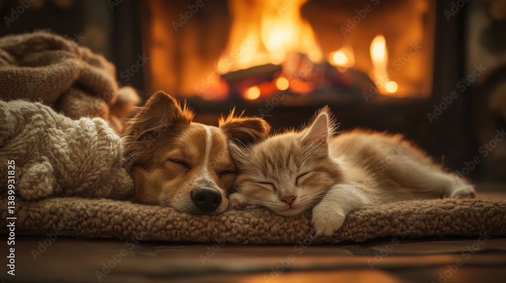 Cozy dog and cat sleeping peacefully together on a warm blanket near a crackling fireplace in a comfortable home setting