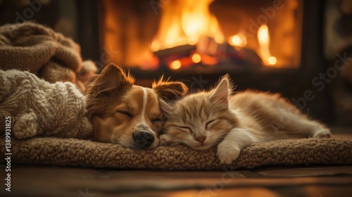 Obraz na płótnie Cozy dog and cat sleeping peacefully together on a warm blanket near a crackling fireplace in a comfortable home setting w salonie