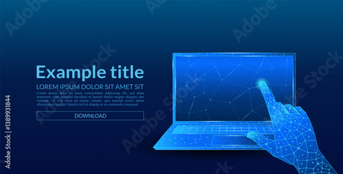 Index finger clicking on a technological blue digital laptop screen, technology concept
