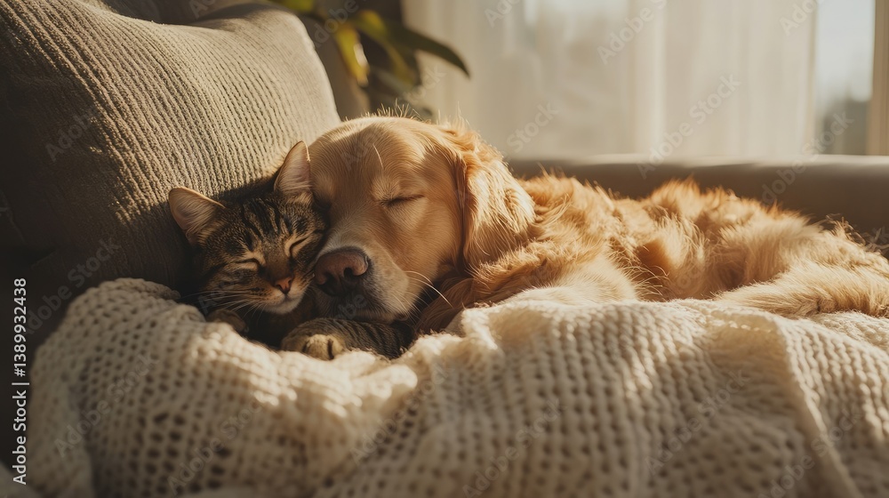 Cozy Golden Retriever and Tabby Cat Sleeping Together on Soft Blanket in Sunlit Living Room
