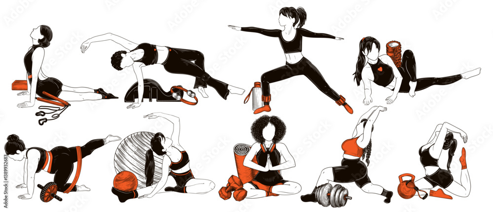 Obraz premium Vector sports set of 9 Girls of different nationalities with different figures doing pilates with equipment. Yoga class. Women's gym. Collection of fitness girls with resistance equipment