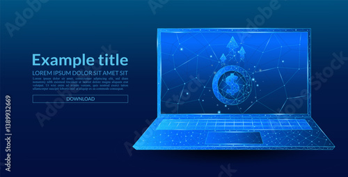 Laptop screen with a concept of increasing income, business, and finance in dollars. 3D money in a light blue futuristic style on a laptop screen
