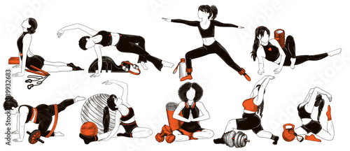Vector sports set of 9 Girls of different nationalities with different figures doing pilates with equipment. Yoga class. Women's gym. Collection of fitness girls with resistance equipment