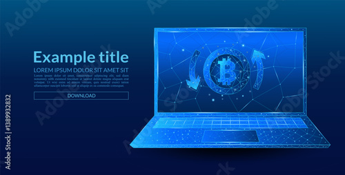 Laptop screen with digital currency with circular bitcoin cashback arrows. 3D money in a light blue futuristic style on the laptop screen and a growth chart