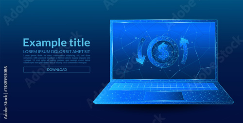 Laptop screen with digital currency with circular dollar refund arrows. 3D money in a light blue futuristic style on the laptop screen and a growth chart