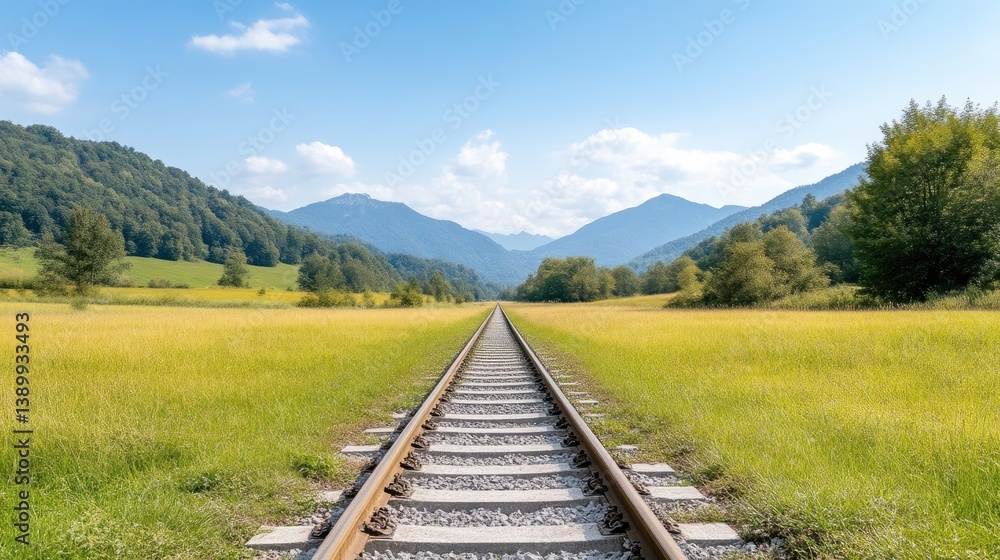 Fototapeta premium Tranquil railway track through a golden field, stretching to a mountain range under a clear sky