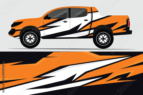 Vibrant orange and black truck design featuring dynamic graphics, showcasing modern vehicle styling