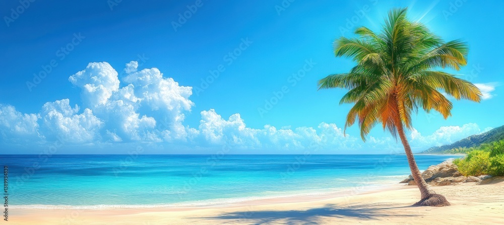 Obraz premium Tropical Paradise Beach with Single Palm Tree White Sand Clear Blue Ocean Vibrant Colors Summer Sunshine