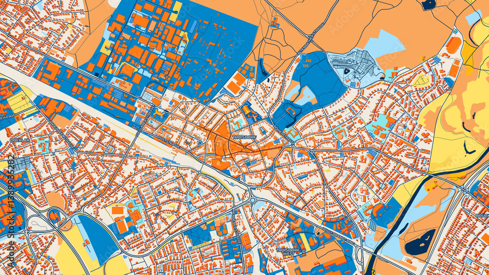 Obraz premium Colorful Troisdorf Street Map with Labels and Buildings