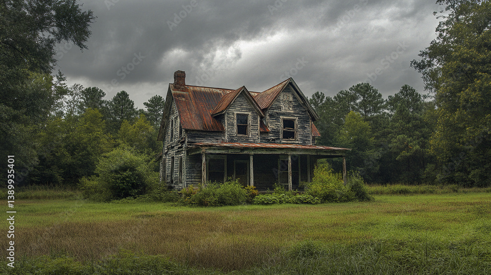 Fototapeta premium weathered farmhouse stands amidst lush greenery under cloudy sky
