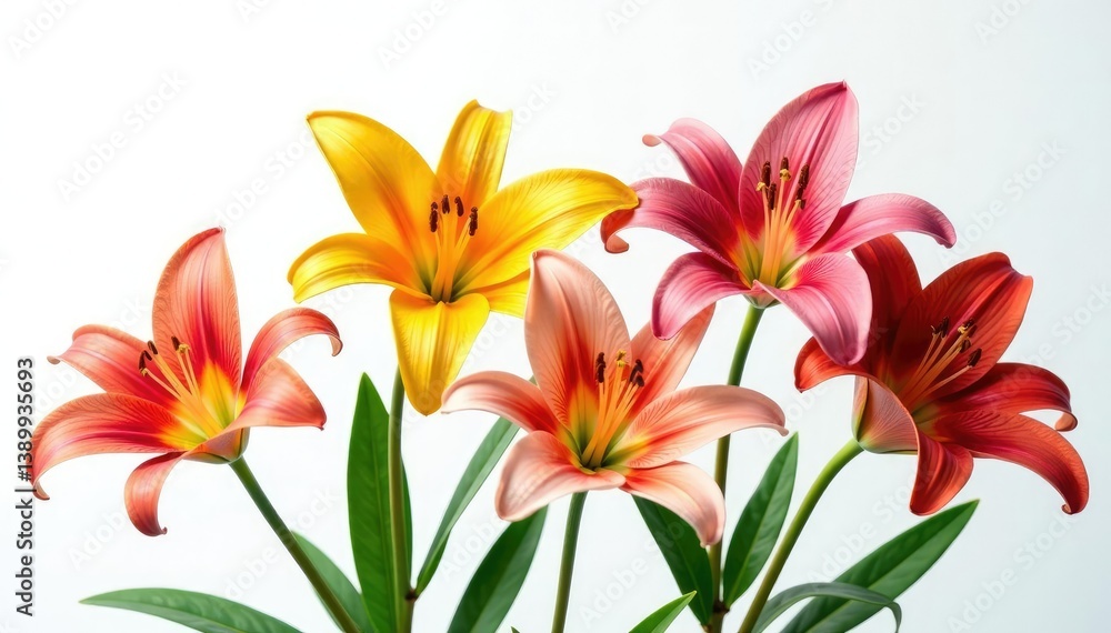 Fototapeta premium Lilies in different colors against a white background, flower power, hued, floral