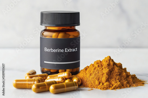 Berberine extract dietary supplement bottle with capsules, and a ground yellow herbal powder. Alternative medicine, herbal treatment concepts