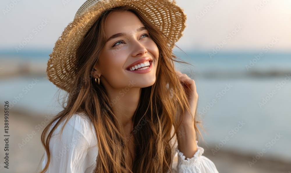 A beautiful woman wearing white and a straw hat, laughing with her hand on her head, standing on the beach under the bright sunlight
