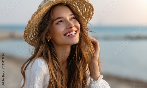 Obraz na płótnie A beautiful woman wearing white and a straw hat, laughing with her hand on her head, standing on the beach under the bright sunlight w salonie