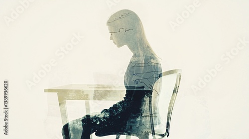 striking double exposure of an empty desk merged with graphs depicting rising unemployment rates, emphasizing the severity of the economic situation. [Empty desks]:[rising unemployment rates] 